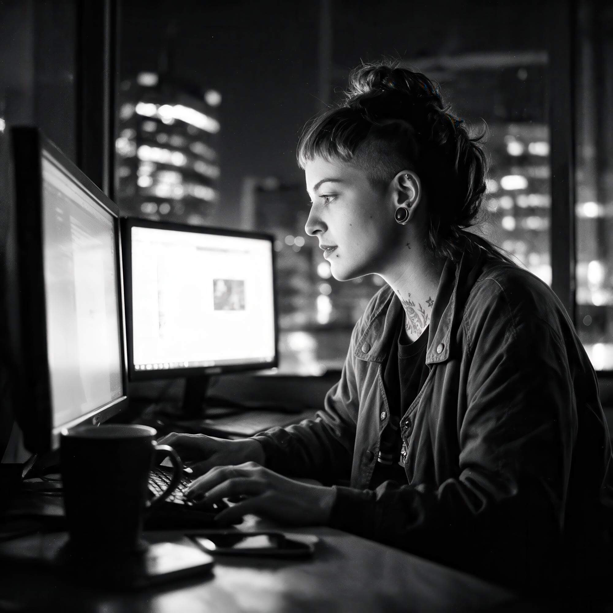 Entwicklerin nachts am Monitor
