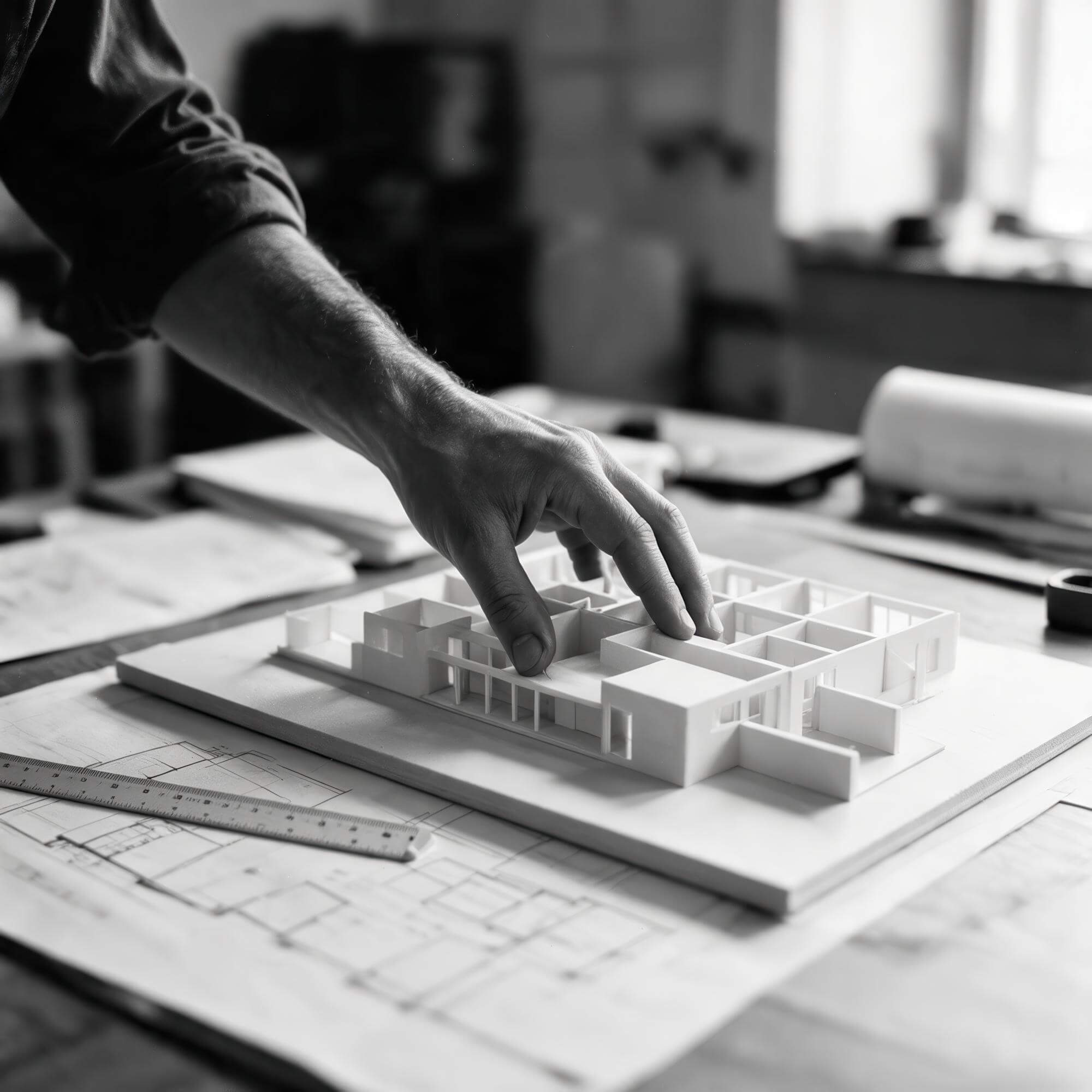 Hand am Architekturmodell